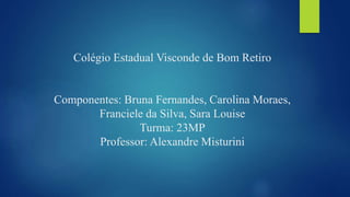 Colégio Estadual Visconde de Bom Retiro
Componentes: Bruna Fernandes, Carolina Moraes,
Franciele da Silva, Sara Louise
Turma: 23MP
Professor: Alexandre Misturini
 