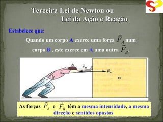 Estabelece que: Terceira Lei de Newton ou  Lei da Ação e Reação Quando um corpo  A  exerce uma força  num  corpo  B  , este exerce em  A  uma outra  .  As forças  e  têm a  mesma intensidade ,   a   mesma direção   e   sentidos opostos . 