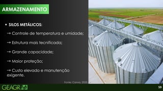 59
SILOS METÁLICOS:
→Controle de temperatura e umidade;
→Estrutura mais tecnificada;
→Grande capacidade;
→Maior proteção;
→Custo elevado e manutenção
exigente.
ARMAZENAMENTO
Fonte: Canva, 2025.
ARMAZENAMENTO
 