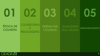 7
01 02 03 04 05
ÉPOCA DE
COLHEITA
PERDAS NA
COLHEITA
COLHEDORAS
E
REGULAGENS
QUALIDADE
DOS GRÃOS
ARMAZENAMENTO
 