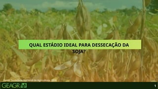 1
Fonte: Sociedade Nacional de Agricultura, 2018.
QUAL ESTÁDIO IDEAL PARA DESSECAÇÃO DA
SOJA?
 