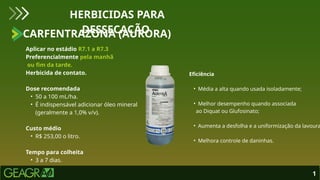 Aplicar no estádio R7.1 a R7.3
Preferencialmente pela manhã
ou fim da tarde.
Herbicida de contato.
Dose recomendada
• 50 a 100 mL/ha.
• É indispensável adicionar óleo mineral
(geralmente a 1,0% v/v).
Custo médio
• R$ 253,00 o litro.
Tempo para colheita
• 3 a 7 dias.
CARFENTRAZONA (AURORA)
HERBICIDAS PARA
DESSECAÇÃO
1
Eficiência
• Média a alta quando usada isoladamente;
• Melhor desempenho quando associada
ao Diquat ou Glufosinato;
• Aumenta a desfolha e a uniformização da lavoura
• Melhora controle de daninhas.
 