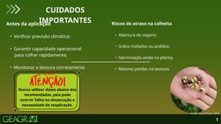 1
CUIDADOS
IMPORTANTES
Antes da aplicação
• Verificar previsão climática;
• Garantir capacidade operacional
para colher rapidamente;
• Monitorar a lavoura corretamente.
Riscos do atraso na colheita
• Abertura de vagens;
• Grãos mofados ou ardidos;
• Germinação ainda na planta;
• Maiores perdas na lavoura.
Nunca utilizar doses abaixo das
recomendadas, pois pode
ocorrer falha na dessecação e
necessidade de reaplicação.
Fonte: Canal Rural, 2022.
 
