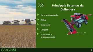 2
Fonte: Pinterest, 2026.
Principais Sistemas da
Colhedora
Corte e alimentação
Trilha
Separação
Limpeza
Transporte e
armazenamento
Fonte: Case, 2025.
 
