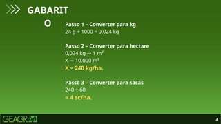 4
GABARIT
O Passo 1 – Converter para kg
24 g ÷ 1000 = 0,024 kg
Passo 2 – Converter para hectare
0,024 kg 1 m²
→
X 10.000 m²
→
X = 240 kg/ha.
Passo 3 – Converter para sacas
240 ÷ 60
= 4 sc/ha.
 