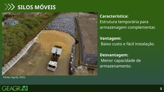 5
SILOS MÓVEIS
Fonte: AgriQ, 2025.
Característica:
Estrutura temporária para
armazenagem complementar.
Vantagem:
Baixo custo e fácil instalação.
Desvantagem:
Menor capacidade de
armazenamento.
 