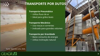 Transporte Pneumático
• Utiliza fluxo de ar
• Ideal para grãos leves
Transporte Mecânico
• Usa roscas e correntes
• Indicado para grandes volumes
Transporte por Gravidade
• Baixo consumo de energia
• Utiliza inclinação natural
7
TRANSPORTE POR DUTOS
Fonte: Gabriela Leite, 2026.
Fonte: Gabriela Leite, 2026.
 