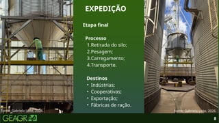 8
EXPEDIÇÃO
Fonte: Gabriela Leite, 2026. Fonte: Gabriela Leite, 2026.
Etapa final
Processo
1.Retirada do silo;
2.Pesagem;
3.Carregamento;
4.Transporte.
Destinos
• Indústrias;
• Cooperativas;
• Exportação;
• Fábricas de ração.
 