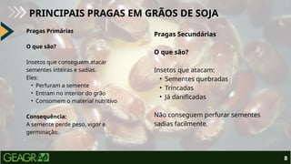 8
PRINCIPAIS PRAGAS EM GRÃOS DE SOJA
Pragas Primárias
O que são?
Insetos que conseguem atacar
sementes inteiras e sadias.
Eles:
• Perfuram a semente
• Entram no interior do grão
• Consomem o material nutritivo
Consequência:
A semente perde peso, vigor e
germinação.
Pragas Secundárias
O que são?
Insetos que atacam:
• Sementes quebradas
• Trincadas
• Já danificadas
Não conseguem perfurar sementes
sadias facilmente.
 
