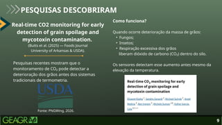 Pesquisas recentes mostram que o
monitoramento de CO₂ pode detectar a
deterioração dos grãos antes dos sistemas
tradicionais de termometria.
Como funciona?
Quando ocorre deterioração da massa de grãos:
• Fungos;
• Insetos;
• Respiração excessiva dos grãos
liberam dióxido de carbono (CO₂) dentro do silo.
Os sensores detectam esse aumento antes mesmo da
elevação da temperatura.
9
PESQUISAS DESCOBRIRAM
Real‐time CO2 monitoring for early
detection of grain spoilage and
mycotoxin contamination.
(Butts et al. (2025) — Foods Journal
University of Arkansas & USDA).
Fonte: PNGWing, 2026.
 