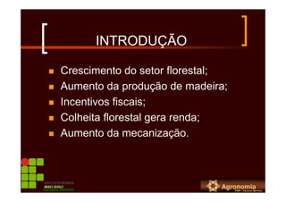INTRODUÇÃO
Crescimento do setor florestal;
Aumento da produção de madeira;
Incentivos fiscais;
Colheita florestal gera renda;
Aumento da mecanização.
Campus Bambuí
 
