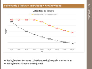 6-TECNOLOGIA
Colheita de 2 linhas – Velocidade x Produtividade
7,00 7,00 7,00 7,00
6,67
6,06
5,56
5,13
4,76
6,67
5,71
5,00
4,44
4,00
3,64
3,33
3,08
2,86
60,00 70,00 80,00 90,00 100,00 110,00 120,00 130,00 140,00
Velocidade
km/h
TCH
Velocidade de colheita
Velocidade 1 Linha Velocidade 2 linhas
 Redução de esforços na colhedora: redução quebras estruturais
 Redução de arranquio de soqueiras
 