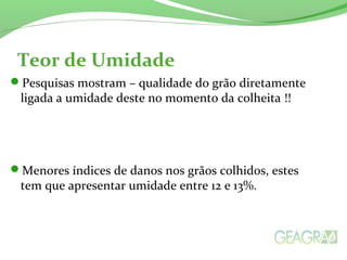 Teor de Umidade
Pesquisas mostram – qualidade do grão diretamente
ligada a umidade deste no momento da colheita !!
Menores índices de danos nos grãos colhidos, estes
tem que apresentar umidade entre 12 e 13%.
 