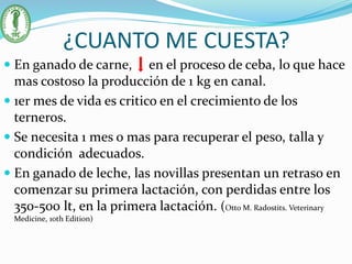¿CUANTO ME CUESTA?
 En ganado de carne, en el proceso de ceba, lo que hace
mas costoso la producción de 1 kg en canal.
 1er mes de vida es critico en el crecimiento de los
terneros.
 Se necesita 1 mes o mas para recuperar el peso, talla y
condición adecuados.
 En ganado de leche, las novillas presentan un retraso en
comenzar su primera lactación, con perdidas entre los
350-500 lt, en la primera lactación. (Otto M. Radostits. Veterinary
Medicine, 10th Edition)
 