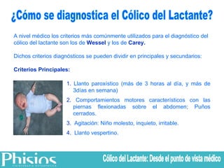 ¿Cómo se diagnostica el Cólico del Lactante? A nivel médico los criterios más comúnmente utilizados para el diagnóstico del cólico del lactante son los de  Wessel   y los de  Carey. Dichos criterios diagnósticos se pueden dividir en principales y secundarios: Criterios Principales: 1.  Llanto paroxístico (más de 3 horas al día, y más de 3días en semana) 2.  Comportamientos motores característicos con las piernas flexionadas sobre el abdomen; Puños cerrados. 3.   Agitación: Niño molesto, inquieto, irritable. 4.   Llanto vespertino. Cólico del Lactante: Desde el punto de vista médico 