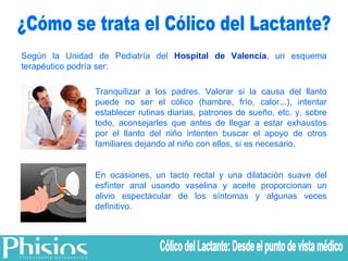 ¿Cómo se trata el Cólico del Lactante? Según la Unidad de Pediatría del  Hospital de Valencia , un esquema terapéutico podría ser: Tranquilizar a los padres. Valorar si la causa del llanto puede no ser el cólico (hambre, frío, calor...), intentar establecer rutinas diarias, patrones de sueño, etc. y, sobre todo, aconsejarles que antes de llegar a estar exhaustos por el llanto del niño intenten buscar el apoyo de otros familiares dejando al niño con ellos, si es necesario. En ocasiones, un tacto rectal y una dilatación suave del esfínter anal usando vaselina y aceite proporcionan un alivio espectacular de los síntomas y algunas veces definitivo. Cólico del Lactante: Desde el punto de vista médico 