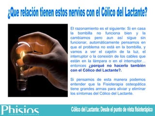 ¿Que relación tienen estos nervios con el Cólico del Lactante? El razonamiento es el siguiente: Si en casa la bombilla no funciona bien y la cambiamos pero aun así sigue sin funcionar, automáticamente pensamos en que el problema no está en la bombilla, y vamos a ver el cajetín de la luz, el interruptor o la conexión de los cables que están en la lámpara o en el interruptor… entonces  ¿porqué no hacerlo también con el Cólico del Lactante?. Si pensamos de esta manera podemos entender que la Fisioterapia osteopática tiene grandes armas para aliviar y eliminar los síntomas del Cólico del Lactante. Cólico del Lactante: Desde el punto de vista fisioterápico 
