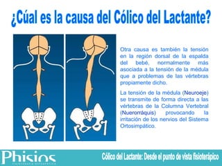 Otra causa es también la tensión en la región dorsal de la espalda del bebé, normalmente más asociada a la tensión de la médula que a problemas de las vértebras propiamente dicho.  La tensión de la médula ( Neuroeje ) se transmite de forma directa a las vértebras de la Columna Vertebral ( Nuerorráquis ) provocando la irritación de los nervios del Sistema Ortosimpático. ¿Cúal es la causa del Cólico del Lactante? Cólico del Lactante: Desde el punto de vista fisioterápico 