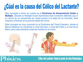¿Cúal es la causa del Cólico del Lactante? Otro concepto a tener en cuenta es el  Síndrome de Atrapamiento Doble o Múltiple . (Double or Multiple Crush Syndrome) Este síndrome defiende que si un nervio se ve comprimido en varios puntos a lo largo de su recorrido, dará mayores síntomas en la porción distal del nervio. Este concepto es muy conocido en el Síndrome del Túnel Carpiano, donde el Nervio Mediano se comprime a nivel Cervical, a nivel del Codo y a nivel de la Mano, pero solo presenta síntomas fuertes en la mano. Cólico del Lactante: Desde el punto de vista fisioterápico 