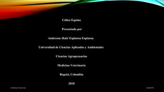 4/6/2018Anderson Espinosa
Cólico Equino
Presentado por
Anderson Jhair Espinosa Espinosa
Universidad de Ciencias Aplicadas y Ambientales
Ciencias Agropecuarias
Medicina Veterinaria
Bogotá, Colombia
2018
 
