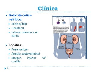 Clínica Dolor de cólico nefritico:Inicio súbitoUnilateral Intenso referido a un flancoLocaliza:  Fosa lumbarAngulo costovertebralMargen inferior 12° costilla9