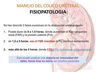 MANEJO DEL COLICO URETERAL
FISIOPATOLOGIA
Se han descrito 3 fases sucesivas en la obstrucción ureteral aguda:
1. Puede durar de 0 a 1,5 horas, donde aumentan el flujo sanguíneo
renal (FSR) y la presión ureteral (PU)
Esto puede explicar una mejoría en intensidad del
dolor, horas tras su inicio, en muchos pacientes
2. de 1,5 a 5 horas, cae el FSR mientras la PU continua aumentando
3. más allá de las 5 horas, donde FSR y PU disminuyen conjuntamente
 