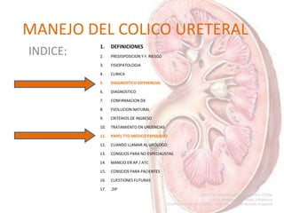 MANEJO DEL COLICO URETERAL
INDICE:
1. DEFINICIONES
2. PREDISPOSICION Y F. RIESGO
3. FISIOPATOLOGIA
4. CLINICA
5. DIAGNOSTI...
