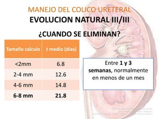 MANEJO DEL COLICO URETERAL
EVOLUCION NATURAL III/III
¿CUANDO SE ELIMINAN?
Entre 1 y 3
semanas, normalmente
en menos de un mes
Tamaño calculo t medio (días)
<2mm 6.8
2-4 mm 12.6
4-6 mm 14.8
6-8 mm 21.8
 
