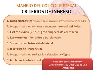 MANEJO DEL COLICO URETERAL
CRITERIOS DE INGRESO
1. Duda diagnóstica (pacientes >60 años con arteriopatía: ruptura AAo)
2. Incapacidad para obtener o mantener control del dolor
3. Fiebre elevada (> 37,5°C) con sospecha de cólico renal
4. Monorrenos: riñón único o trasplantado
5. Sospecha de obstrucción bilateral
6. Insuficiencia renal aguda
7. Incapacidad para realizar la valoración urológica
8. Intolerancia a la via oral Despistar SEPSIS URINARIA
Un riñón Infectado Obstruido es una
Emergencia
 