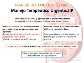MANEJO DEL COLICO URETERAL
Manejo Terapéutico Urgente.ZIP
AINES: han demostrado menor necesidad
de rescate e igual o mayor analgesia que
opiáceos.
Precaucion: AP ulcus péptico, IR conocida o
sospechada y asma grave.
No hay evidencia de que AINE es mejor.
Tratamiento inicial: AINEs y opiáceos son la base del tratamiento.
No hay evidencia de mejoría con fluidoterapia o diuresis forzada
Opioides: cuando están contraindicados
AINE, o no control del dolor.
No se aconseja el uso de hidromorfona o
petidina, por asociarse a aumento de
vómitos.
ECA aportan que calor local es eficaz para alivio del dolor en medio no hospitalario
Existe evidencia de baja calidad para el uso de
medicamentos anti-espasmódicos
 