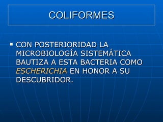 COLIFORMES CON POSTERIORIDAD LA MICROBIOLOGÍA SISTEMÁTICA BAUTIZA A ESTA BACTERIA COMO  ESCHERICHIA  EN HONOR A SU DESCUBRIDOR.   