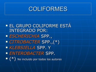 COLIFORMES EL GRUPO COLIFORME ESTÁ INTEGRADO POR: ESCHERICHIA  SPP., CITROBACTER  SPP.,(*) KLEBSIELLA  SPP. Y ENTEROBACTER  SPP. (*)  No incluido por todos los autores 