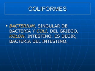 COLIFORMES BACTERIUM , SINGULAR DE BACTERIA Y  COLI , DEL GRIEGO,  KOLON , INTESTINO. ES DECIR, BACTERIA DEL INTESTINO. 