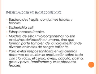 INDICADORES BIOLOGICOS 
o Bacteroides fragilis, coniformes totales y 
fecales 
o Escherichia coli 
o Estreptococos fecales. 
o Muchos de estos microorganismos no son 
exclusivos del intestino humano, sino que 
forman parte también de la flora intestinal de 
diversos animales de sangre caliente. 
o Para evitar riesgos sanitarios en los alientos 
debemos de cuidar su producción sobre todo 
con : la vaca, el cerdo, oveja, caballo, gallina, 
gato y pavo. (coniformes y estreptococos 
fecales) 

