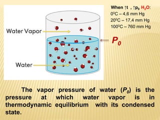 The vapor pressure of water (P0) is the
pressure at which water vapor is in
thermodynamic equilibrium with its condensed
state.
When ↑t , ↑p0 H2O:
00C – 4,6 mm Hg
200C – 17,4 mm Hg
1000C – 760 mm Hg
P0
 