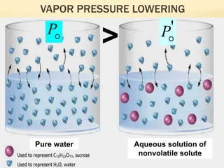 VAPOR PRESSURE LOWERING
Pure water Aqueous solution of
nonvolatile solute

P '

P
>
 