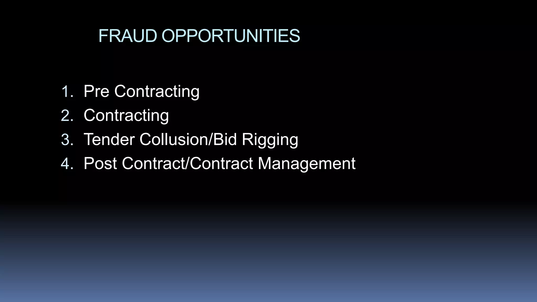 FRAUD OPPORTUNITIES
1. Pre Contracting
2. Contracting
3. Tender Collusion/Bid Rigging
4. Post Contract/Contract Management
 