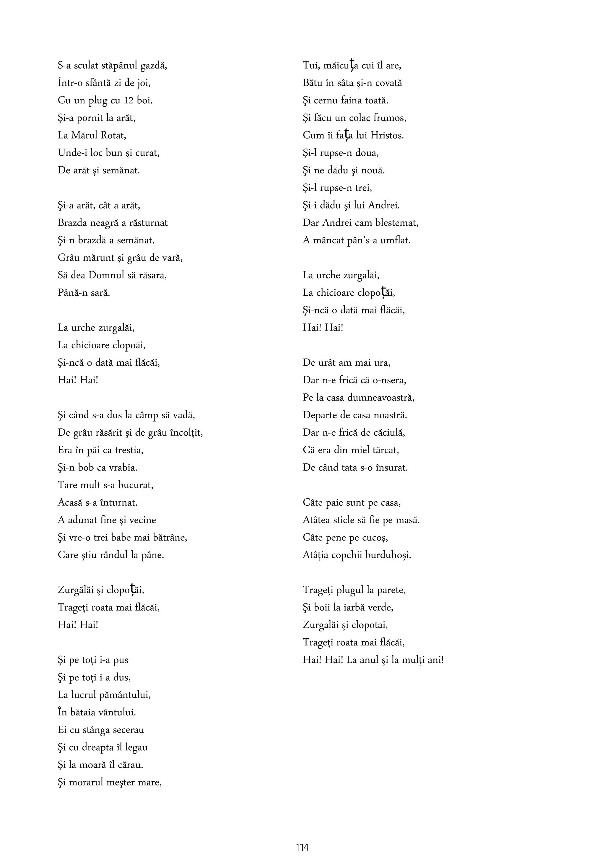 S-a sculat stăpânul gazdă,
Într-o sfântă zi de joi,
Cu un plug cu 12 boi.
Şi-a pornit la arăt,
La Mărul Rotat,
Unde-i loc bun şi curat,
De arăt şi semănat.
Şi-a arăt, cât a arăt,
Brazda neagră a răsturnat
Şi-n brazdă a semănat,
Grâu mărunt şi grâu de vară,
Să dea Domnul să răsară,
Până-n sară.
La urche zurgalăi,
La chicioare clopoăi,
Şi-ncă o dată mai flăcăi,
Hai! Hai!
Şi când s-a dus la câmp să vadă,
De grâu răsărit şi de grâu încolţit,
Era în păi ca trestia,
Şi-n bob ca vrabia.
Tare mult s-a bucurat,
Acasă s-a înturnat.
A adunat fine şi vecine
Şi vre-o trei babe mai bătrâne,
Care ştiu rândul la pâne.
Zurgălăi şi clopo ăi,ț
Trageţi roata mai flăcăi,
Hai! Hai!
Şi pe toţi i-a pus
Şi pe toţi i-a dus,
La lucrul pământului,
În bătaia vântului.
Ei cu stânga secerau
Şi cu dreapta îl legau
Şi la moară îl cărau.
Şi morarul meşter mare,
Tui, măicu a cui îl are,ț
Bătu în sâta şi-n covată
Şi cernu faina toată.
Şi făcu un colac frumos,
Cum îi fa a lui Hristos.ț
Şi-l rupse-n doua,
Şi ne dădu şi nouă.
Şi-l rupse-n trei,
Şi-i dădu şi lui Andrei.
Dar Andrei cam blestemat,
A mâncat pân’s-a umflat.
La urche zurgalăi,
La chicioare clopo ăi,ț
Şi-ncă o dată mai flăcăi,
Hai! Hai!
De urât am mai ura,
Dar n-e frică că o-nsera,
Pe la casa dumneavoastră,
Departe de casa noastră.
Dar n-e frică de căciulă,
Că era din miel tărcat,
De când tata s-o însurat.
Câte paie sunt pe casa,
Atâtea sticle să fie pe masă.
Câte pene pe cucoş,
Atâţia copchii burduhoşi.
Trageţi plugul la parete,
Şi boii la iarbă verde,
Zurgalăi şi clopotai,
Trageţi roata mai flăcăi,
Hai! Hai! La anul şi la mulţi ani!
114
 