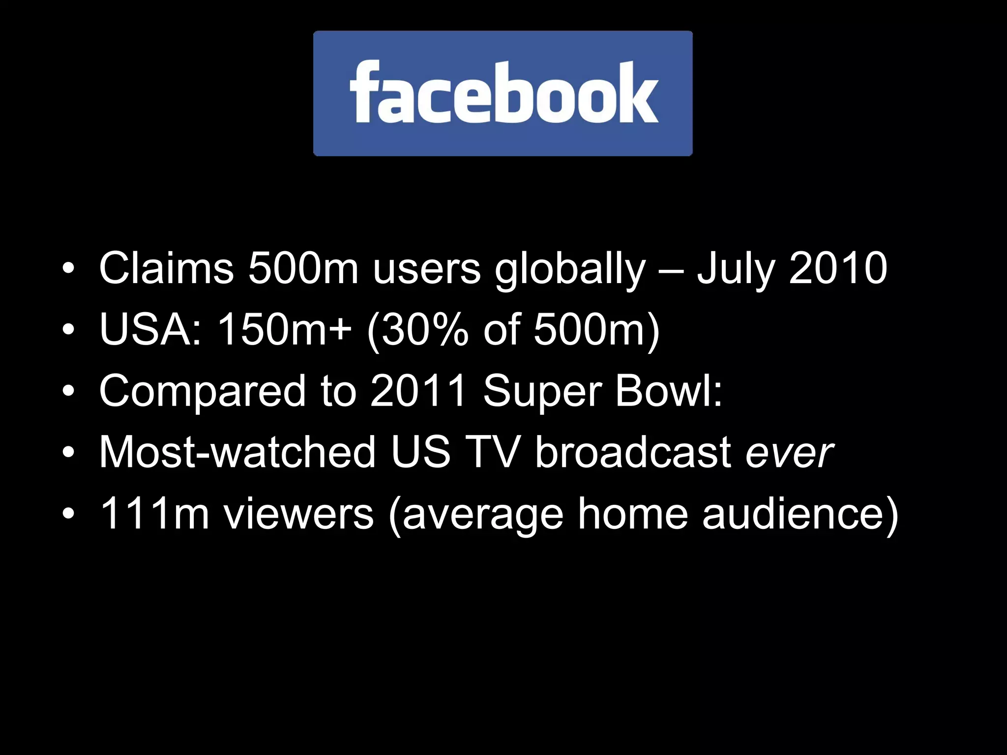 Claims 500m users globally – July 2010 USA: 150m+ (30% of 500m) Compared to 2011 Super Bowl: Most-watched US TV broadcast  ever 111m viewers (average home audience) 