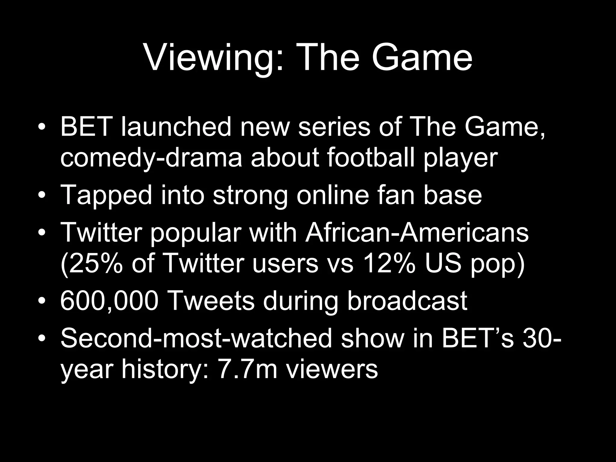 Viewing: The Game BET launched new series of The Game, comedy-drama about football player Tapped into strong online fan base Twitter popular with African-Americans (25% of Twitter users vs 12% US pop) 600,000 Tweets during broadcast Second-most-watched show in BET’s 30-year history: 7.7m viewers 