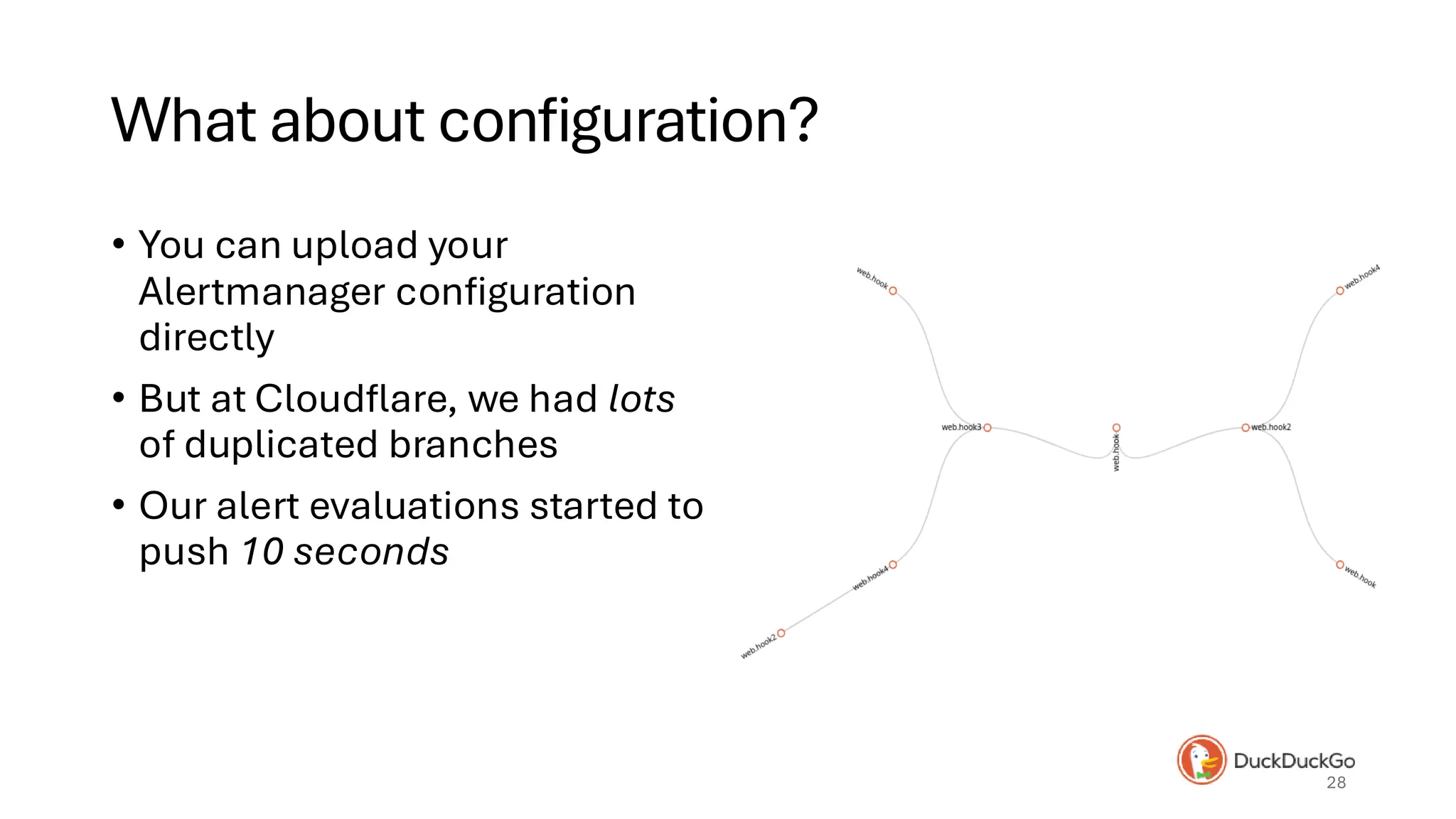 What about configuration?
• You can upload your
Alertmanager configuration
directly
• But at Cloudflare, we had lots
of duplicated branches
• Our alert evaluations started to
push 10 seconds
28
 