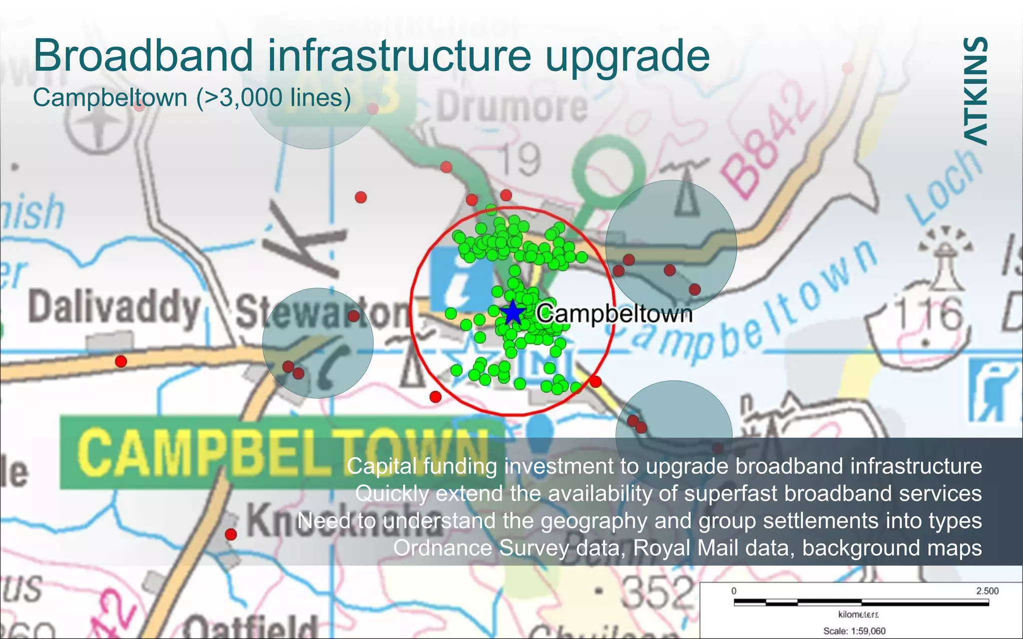 Broadband infrastructure upgrade
Campbeltown (>3,000 lines)
Capital funding investment to upgrade broadband infrastructure
Quickly extend the availability of superfast broadband services
Need to understand the geography and group settlements into types
Ordnance Survey data, Royal Mail data, background maps
Image courtesy of LLDC
 