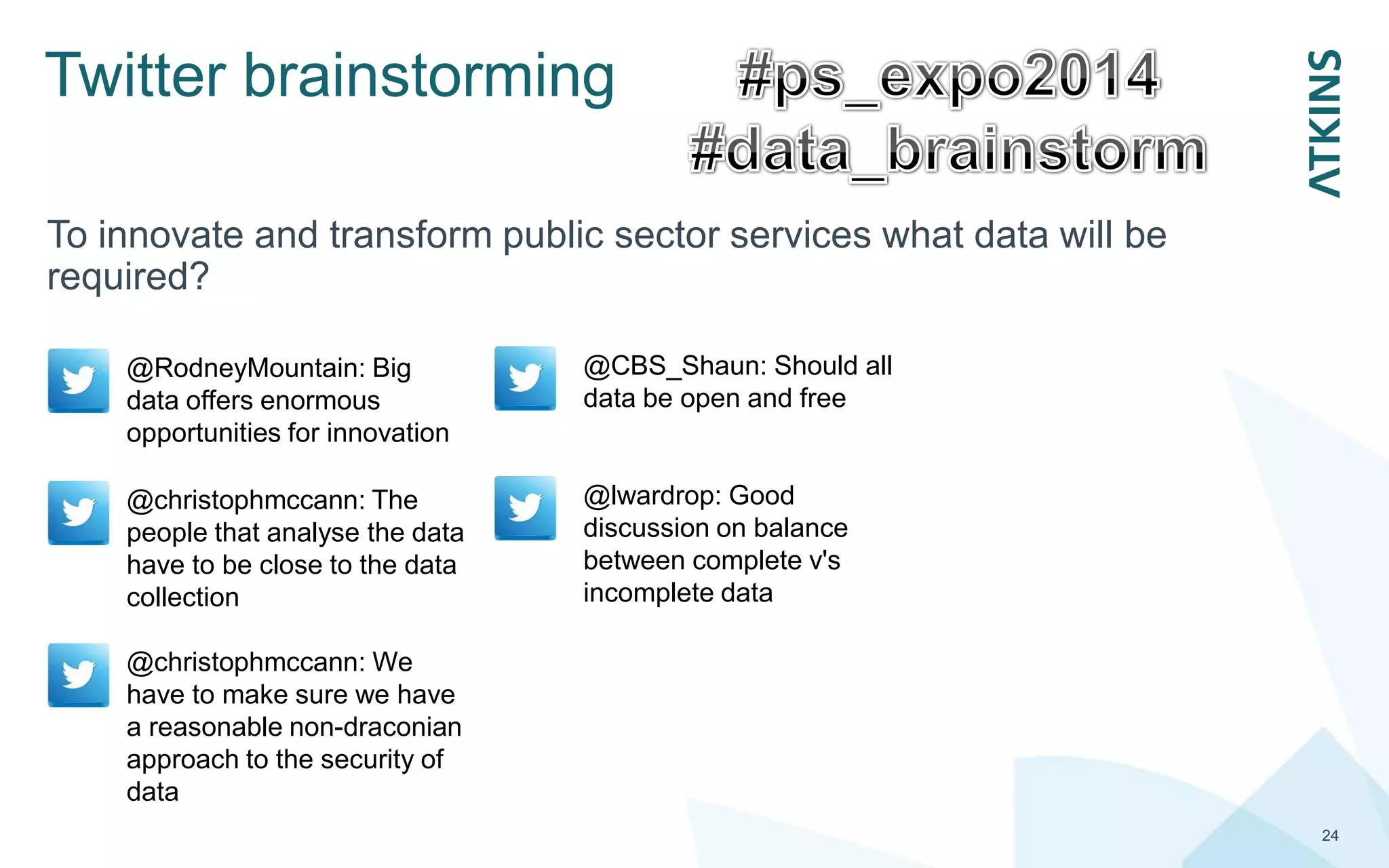 Twitter brainstorming
24
To innovate and transform public sector services what data will be
required?
@RodneyMountain: Big
data offers enormous
opportunities for innovation
@christophmccann: The
people that analyse the data
have to be close to the data
collection
@christophmccann: We
have to make sure we have
a reasonable non-draconian
approach to the security of
data
@CBS_Shaun: Should all
data be open and free
@lwardrop: Good
discussion on balance
between complete v's
incomplete data
 