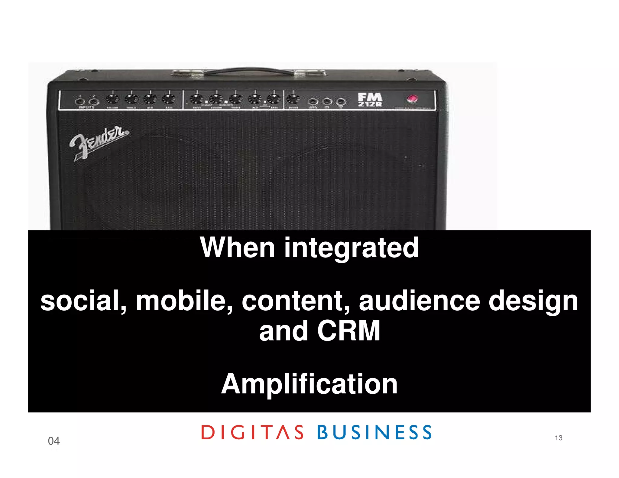 When integrated
social, mobile, content, audience design
                 and CRM
             Amplification
                                      13
04
18
 