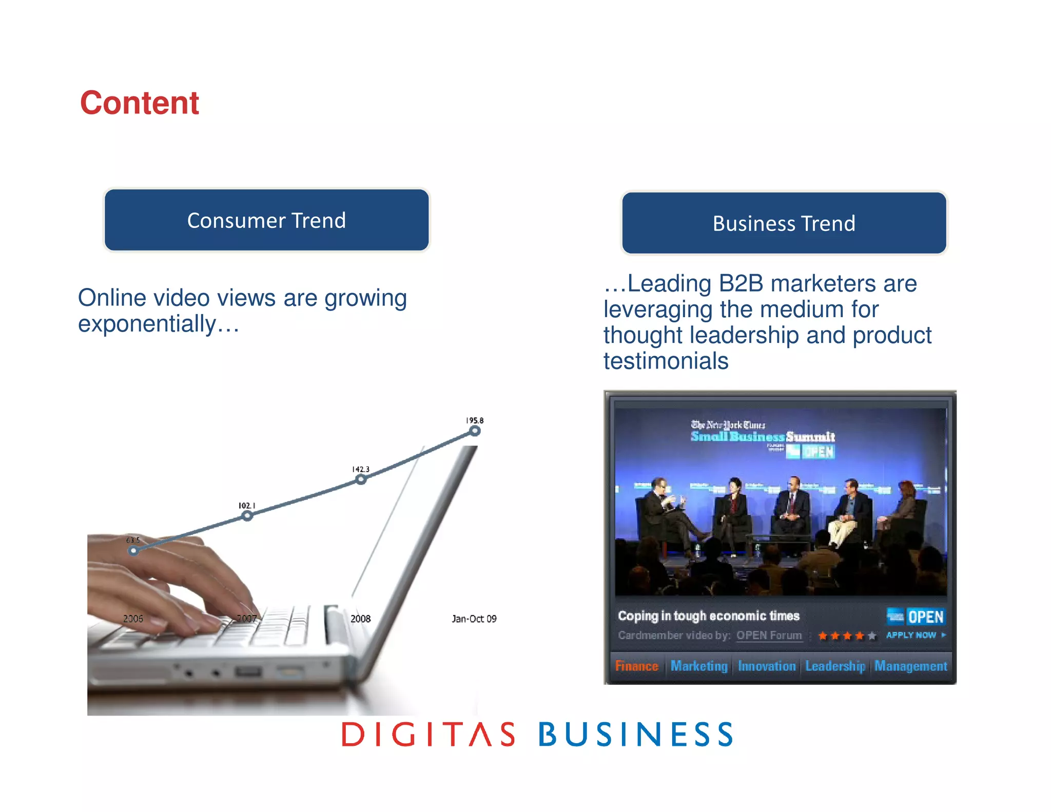 Content


         Consumer Trend                   Business Trend

                                 …Leading B2B marketers are
Online video views are growing   leveraging the medium for
exponentially…                   thought leadership and product
                                 testimonials
 