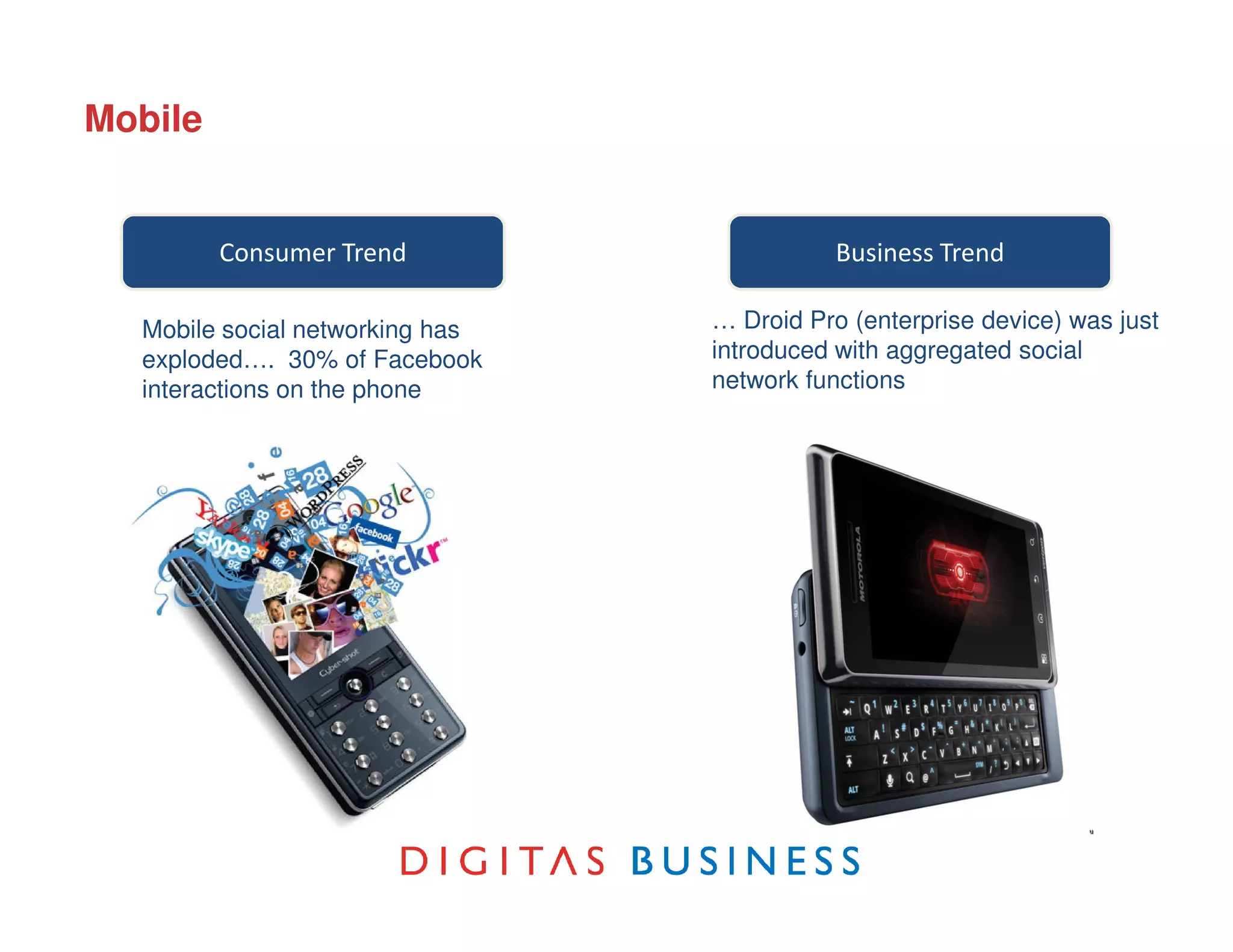 Mobile


         Consumer Trend                     Business Trend

  Mobile social networking has   … Droid Pro (enterprise device) was just
  exploded…. 30% of Facebook     introduced with aggregated social
  interactions on the phone      network functions
 