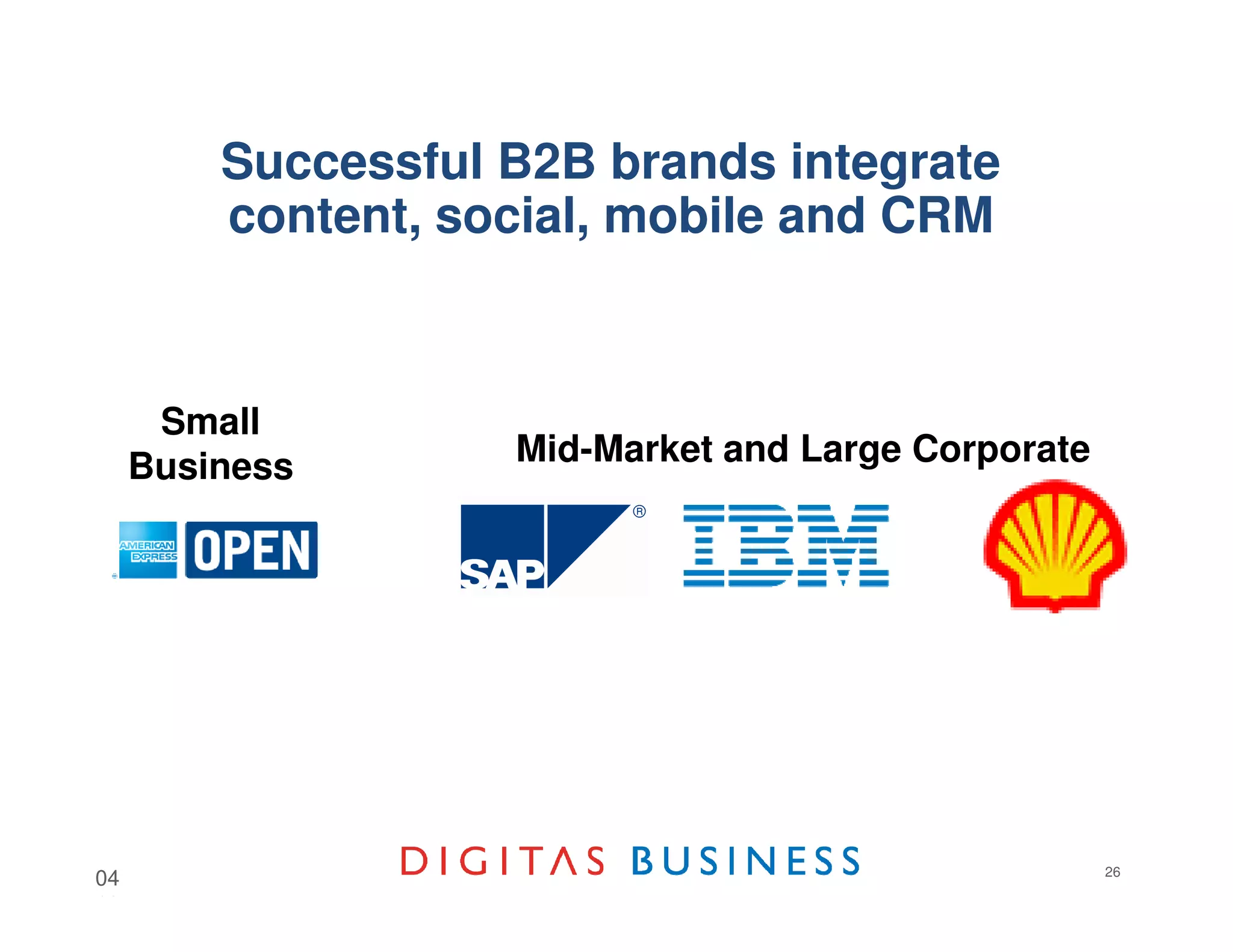 Successful B2B brands integrate
         content, social, mobile and CRM



      Small
     Business       Mid-Market and Large Corporate




                                                     26
04
18
 