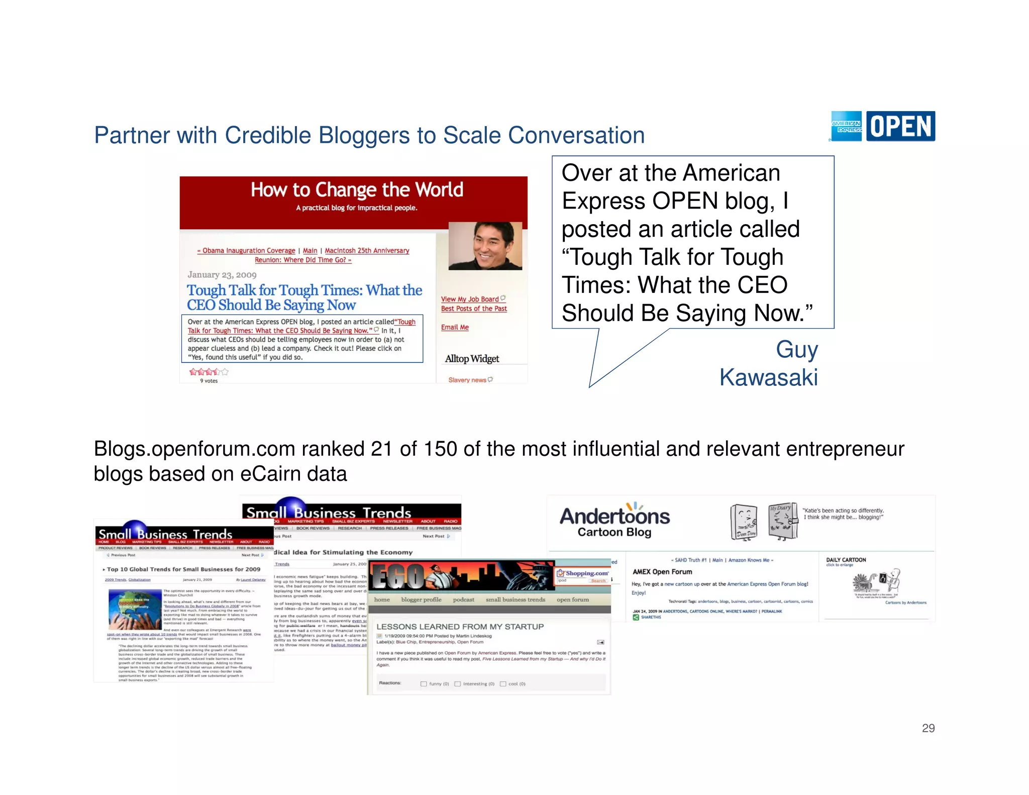 Partner with Credible Bloggers to Scale Conversation
                                                 Over at the American
                                                 Express OPEN blog, I
                                                 posted an article called
                                                 “Tough Talk for Tough
                                                 Times: What the CEO
                                                 Should Be Saying Now.”
                                                                      Guy
                                                                  Kawasaki


Blogs.openforum.com ranked 21 of 150 of the most influential and relevant entrepreneur
blogs based on eCairn data




                                                                                         29
 