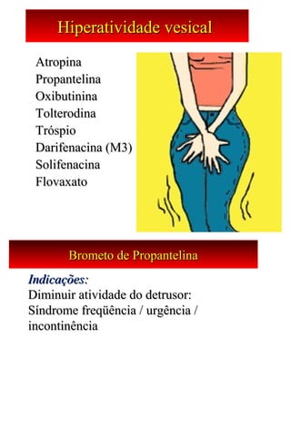 Hiperatividade vesical Hiperatividade vesical 
AtropinaAtropina
PropantelinaPropantelina
OxibutininaOxibutinina
TolterodinaTolterodina
TróspioTróspio
Darifenacina (M3)Darifenacina (M3)
SolifenacinaSolifenacina
FlovaxatoFlovaxato
Brometo de PropantelinaBrometo de Propantelina
Indicações:Indicações:  
Diminuir atividade do detrusor:Diminuir atividade do detrusor:
Síndrome freqüência / urgência / Síndrome freqüência / urgência / 
incontinênciaincontinência
 