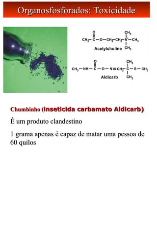 Chumbinho (Chumbinho (inseticida carbamato Aldicarb)inseticida carbamato Aldicarb)
É um produto clandestinoÉ um produto clandestino
1 grama apenas é capaz de matar uma pessoa de1 grama apenas é capaz de matar uma pessoa de
60 quilos60 quilos
Organosfosforados: ToxicidadeOrganosfosforados: Toxicidade
 
